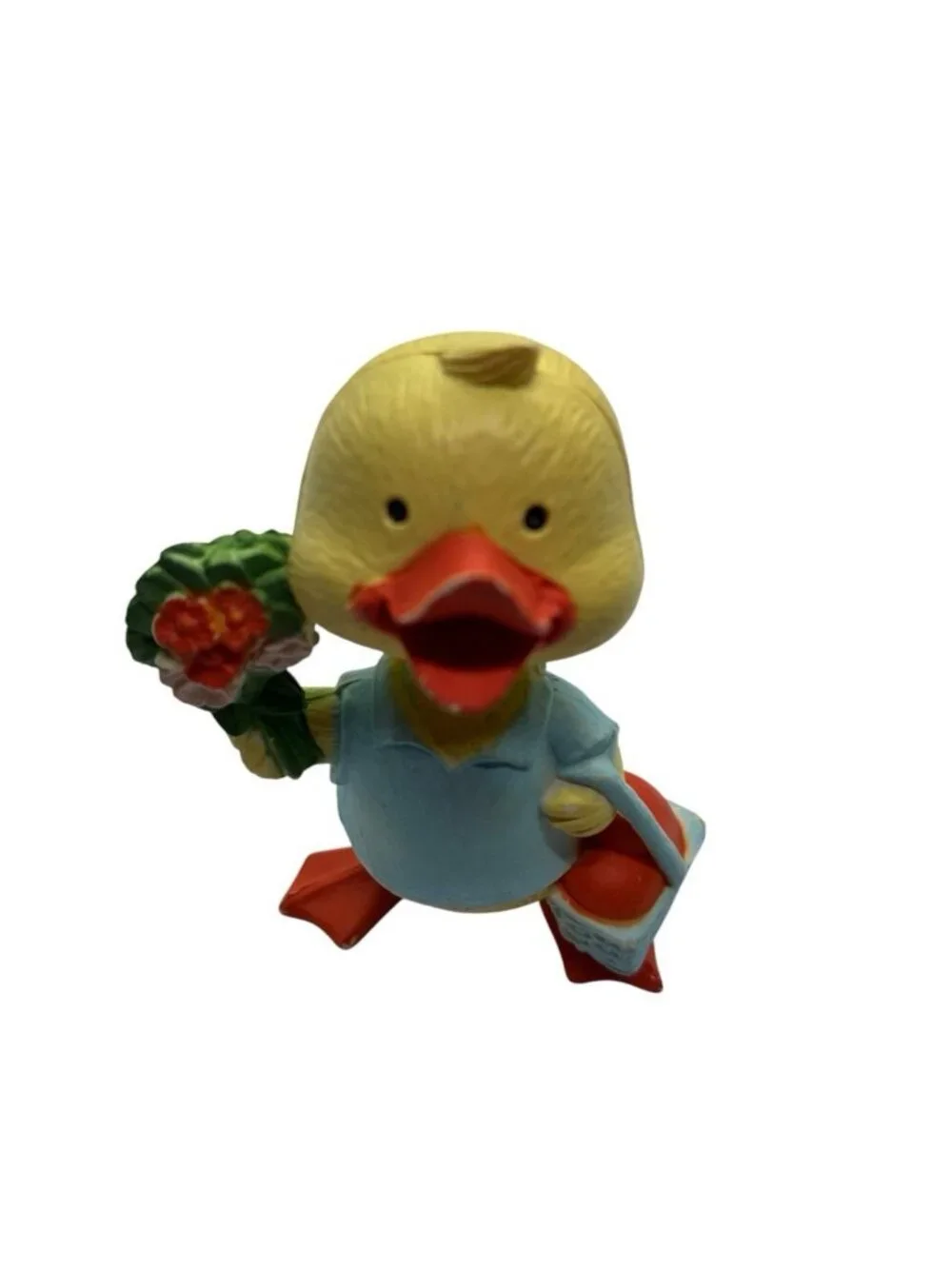 Vintage Duck Figurine Flowers Basket Resin Collectible Spring Easter Decor